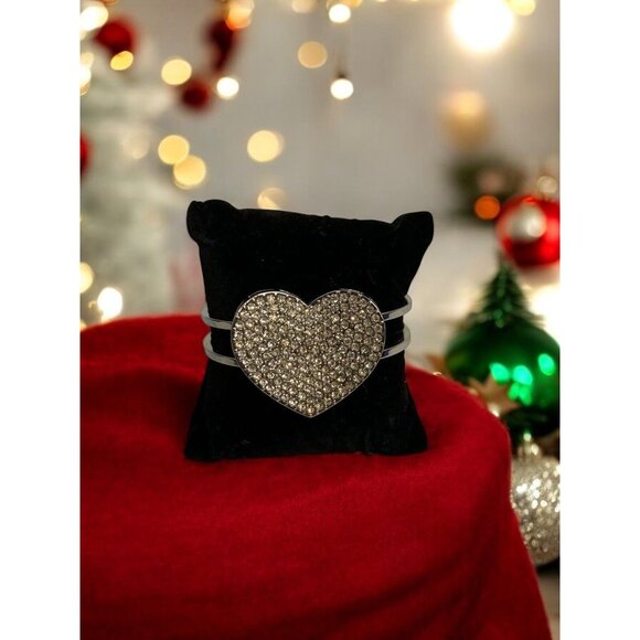 Silver Tone Rhinestone Heart Cuff Bracelet Hinged Bangle Sparkle Glam Gift - Picture 1 of 6